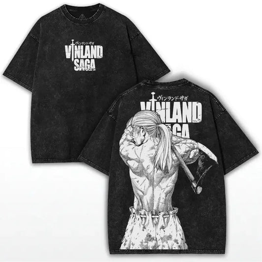 Vinland Saga: Vintage Manga Sketch Warrior Back Graphic Print T-shirt Washed Oversized Casual Streetwear Tee For Anime Fans