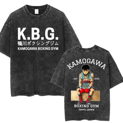 Anime Ippo Makunouchi Manga Graphic Print T-shirt Retro Washed Cotton Oversized Men Women Summer Harajuku Fashion Casual New Tee