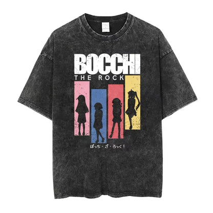 Bocchi The Rock: Manga Ryo Top Print Vintage T-Shirt Casual Basis O-Collar Black Shirt Short Sleeve Washed T-Shirt