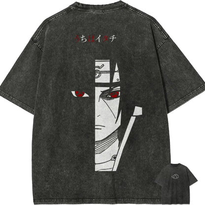 Naruto: Itachi Uchiha T Shirt  Men Acid Wash Red Sharingan Eye Anime Graphic Cotton Streetwear Manga Ninja Half Face Vintage Tee