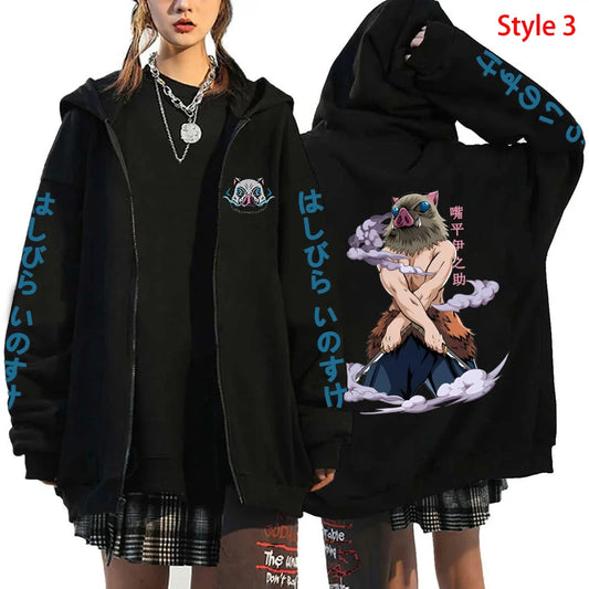 Demon Slayer: Hot Hashibira Inosuke Printing Zipper Hoodie Fashion Y2k Personality Zipper Long Sleeve Hooded Sweatshirt