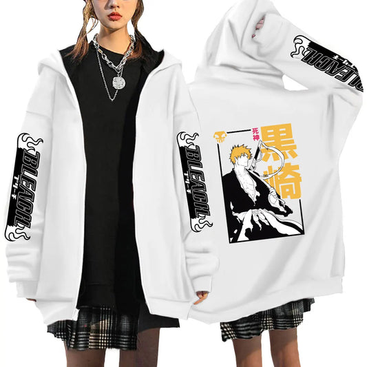 Bleach: Kurosaki Ichigo Printed Hooded Men Women Zip Up Hoodies Casual Loose Sweatshirt Harajuku Unisex Zipper Jacket