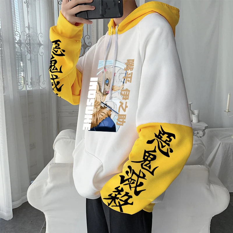 Demon Slayer: Harajuku Patchwork Winter Hoodies Kimetsu no Yaiba Cool Inosuke Hashibira Plus Size Sweatshirts