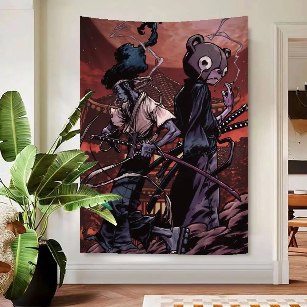 Afro Samurai:  Anime Tapestry Hippie Flower Wall Carpets Dorm Decor Cheap Hippie Wall Hanging