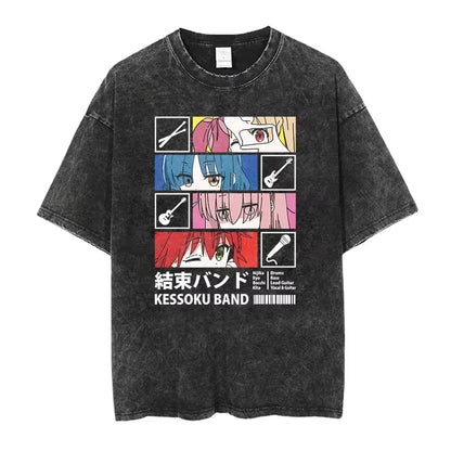 Bocchi The Rock: Manga Ryo Top Print Vintage T-Shirt Casual Basis O-Collar Black Shirt Short Sleeve Washed T-Shirt