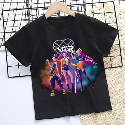 KPop Demon Hunters: T-shirt for Children Cartoon Black Tee Top Girls Round Collar Short Sleeve Clothes Kids Summer Clothing Gift