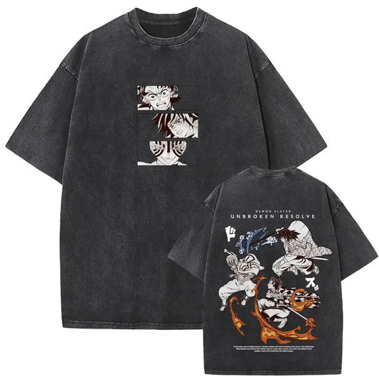 Demon Slayer: Washed Vintage Anime Akaza Graphic T-shirts Men Women Clothing Cotton Oversized Short Sleeve T Shirts Streetwear