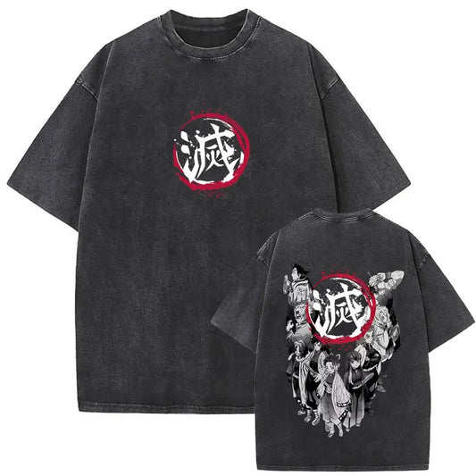Demon Slayer: Washed Vintage Anime Akaza Graphic T-shirts Men Women Clothing Cotton Oversized Short Sleeve T Shirts Streetwear