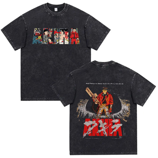 Akira: Washed Vintage T Shirt Science Fiction Cartoon Movie Shotaro Kaneda T-shirt Cotton Casual T-shirt