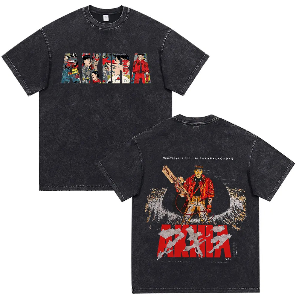 Akira: Washed Vintage T Shirt Science Fiction Cartoon Movie Shotaro Kaneda T-shirt Cotton Casual T-shirt