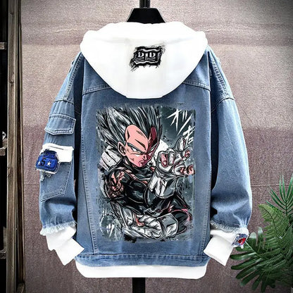 Dragon Ball: Vegeta Son Goku Gogeta Fashionable patchwork loose hooded spring and autumn denim jacket for boys handsome outfit