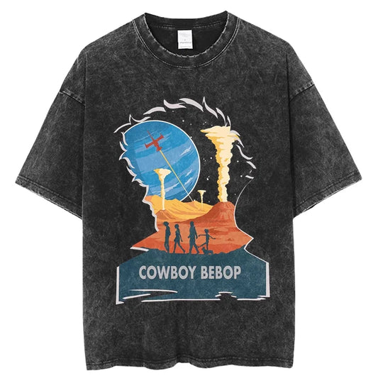 Cowboy Bebop: Vintage Washed T-Shirt Denim Harajuku Cotton Fashion Streetwear Neutral Top  Harajuku  Oversized T Shirt