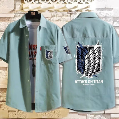 Attack on Titan: Casual Short Sleeve Shirt Loose Unisex Button Print Pattern Top