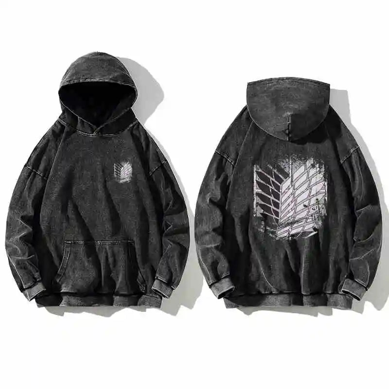 Attack on Titan: Unisex Vintage  Washed Retro Cotton Hoodie High Street Sweatshirt Women Men Streetwear Black Hooded Pullover