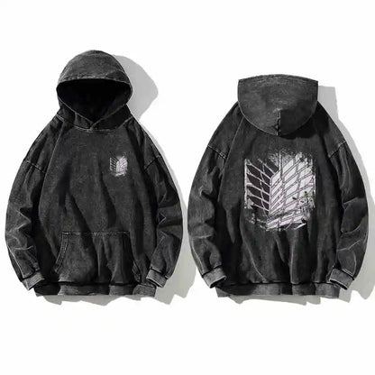 Attack on Titan: Unisex Vintage  Washed Retro Cotton Hoodie High Street Sweatshirt Women Men Streetwear Black Hooded Pullover
