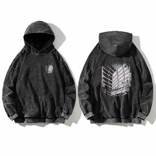 Attack on Titan: Unisex Vintage  Washed Retro Cotton Hoodie High Street Sweatshirt Women Men Streetwear Black Hooded Pullover