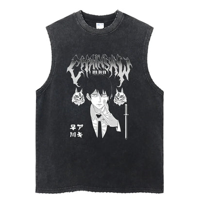 Chainsaw Man: Distressed Tank Top Reze Bomb Devil Hybrid Print Men Women Cotton Loose Fit Comfort Gym Streetwear Unisex