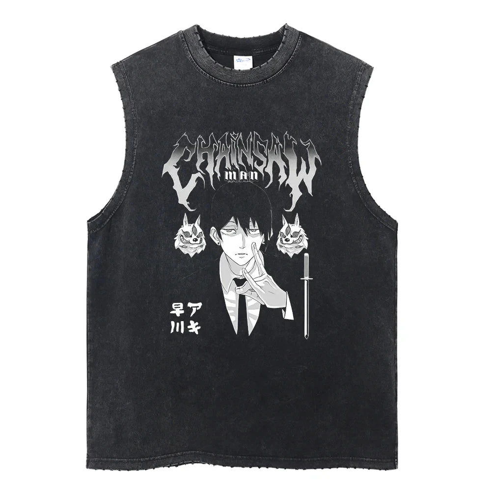 Chainsaw Man: Distressed Tank Top Reze Bomb Devil Hybrid Print Men Women Cotton Loose Fit Comfort Gym Streetwear Unisex