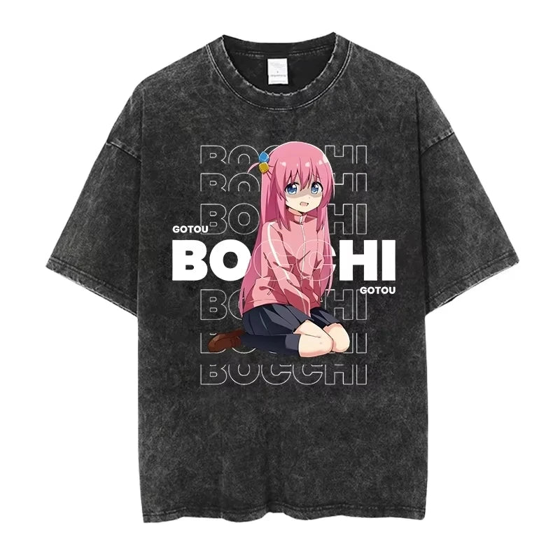 Bocchi The Rock: Manga Ryo Top Print Vintage T-Shirt Casual Basis O-Collar Black Shirt Short Sleeve Washed T-Shirt