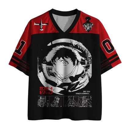Cowboy Bebop: Spike Spiegel Graphic Jersey Anime Print Unisex Loose V-Neck Sportswear Casual Streetwear Short Sleeve Tops Women