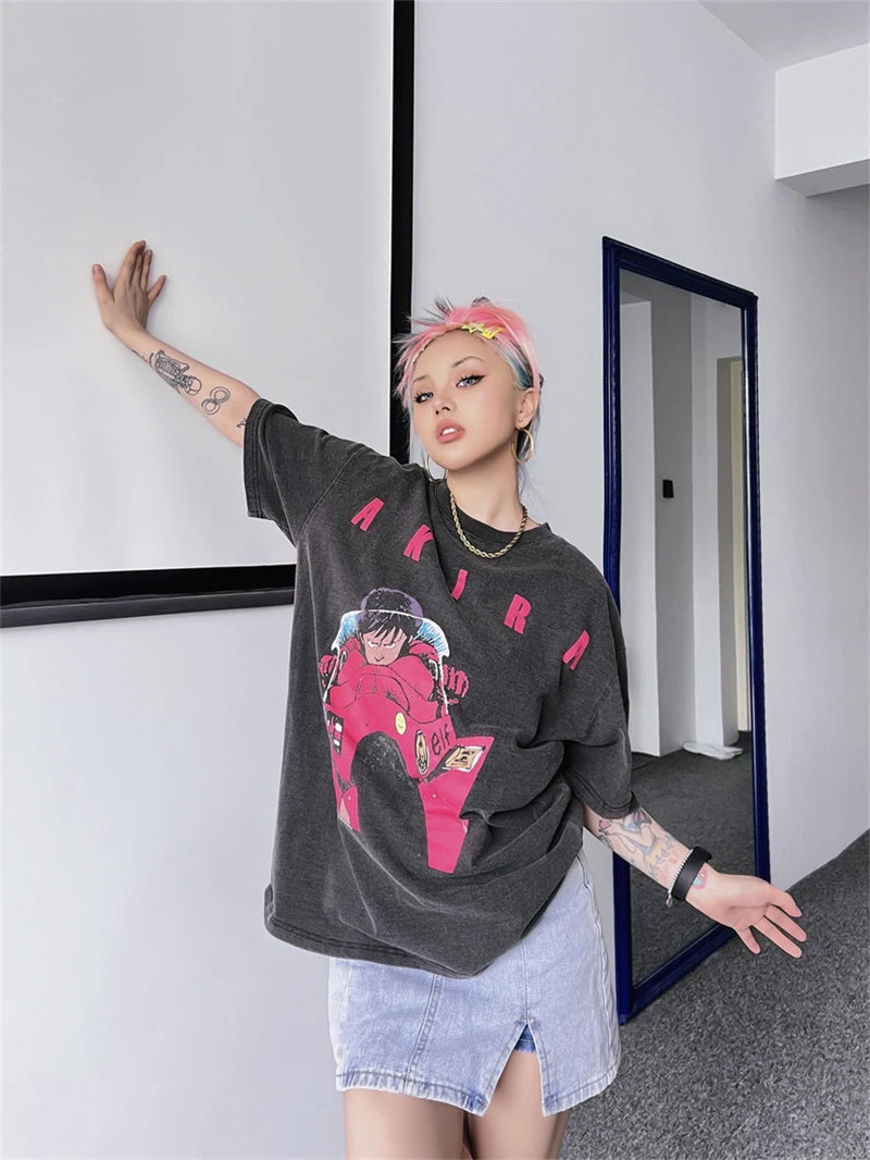 Akira: Vintage T-Shirt Summer Washed 100% Cotton Loose High Street Casual Men and Women Short Sleeve
