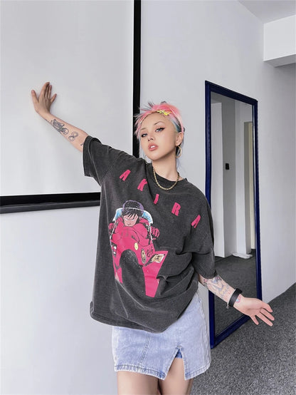 Akira: Vintage T-Shirt Summer Washed 100% Cotton Loose High Street Casual Men and Women Short Sleeve
