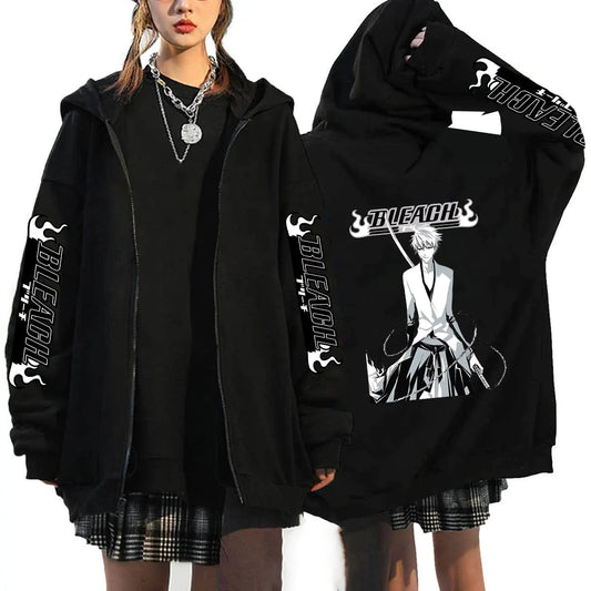 Bleach: Kurosaki Ichigo Printed Hooded Men Women Zip Up Hoodies Casual Loose Sweatshirt Harajuku Unisex Zipper Jacket
