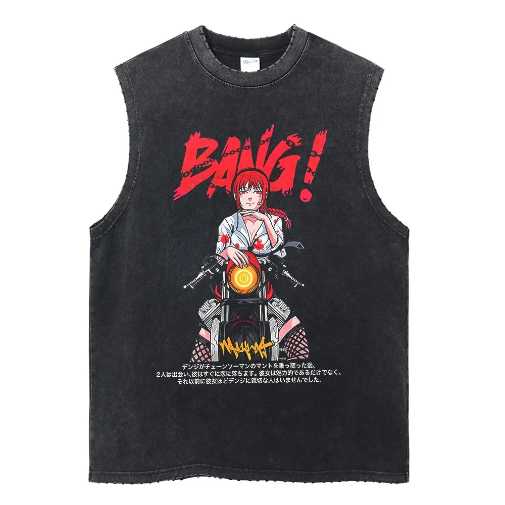 Chainsaw Man: Distressed Tank Top Reze Bomb Devil Hybrid Print Men Women Cotton Loose Fit Comfort Gym Streetwear Unisex
