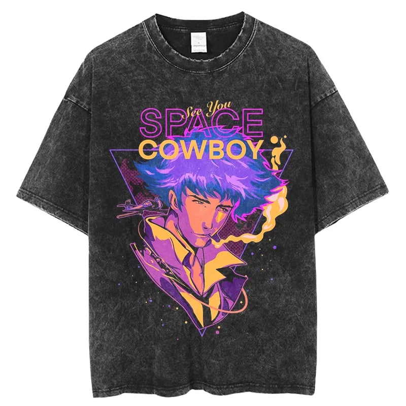 Cowboy Bebop: Vintage Washed T-Shirt Denim Harajuku Cotton Fashion Streetwear Neutral Top  Harajuku  Oversized T Shirt