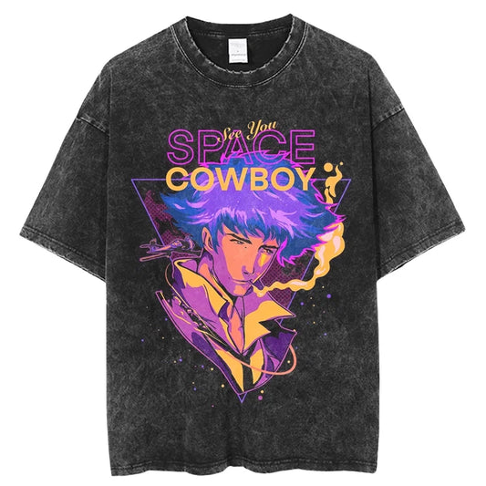 Cowboy Bebop: Vintage Washed T-Shirt Denim Harajuku Cotton Fashion Streetwear Neutral Top  Harajuku  Oversized T Shirt