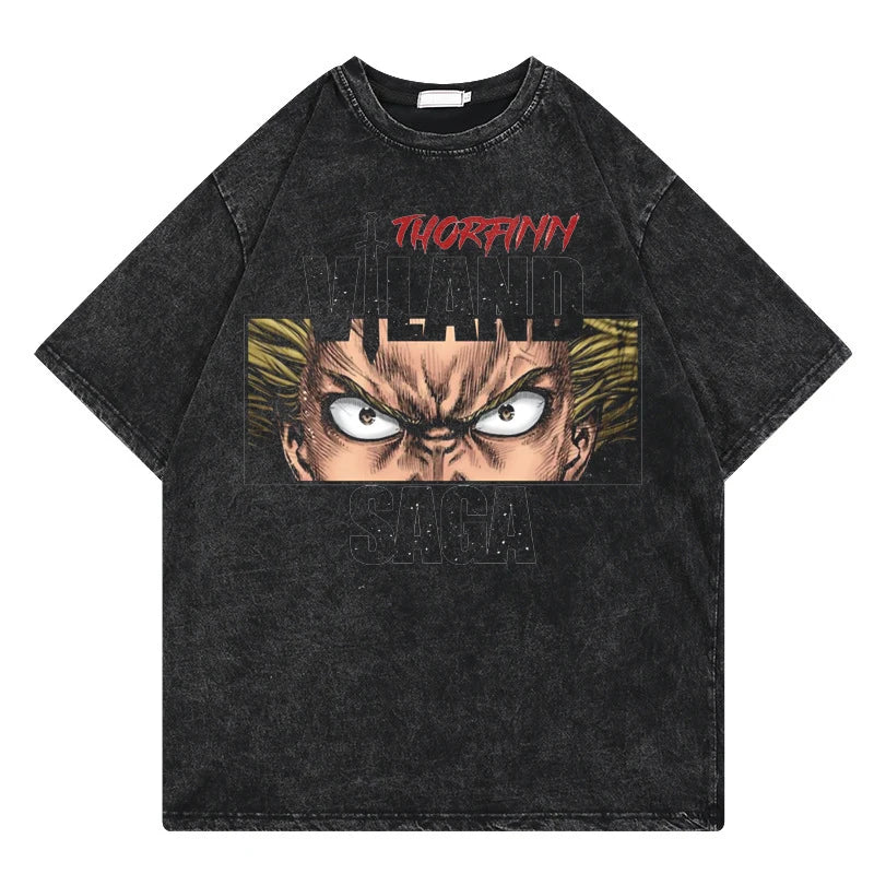 Vinland Saga: Vintage Washed Tshirt Graphic Print Hip Hop Streetwear Loose Y2k Summer Short Sleeve Harajuku 100% Cotton Top