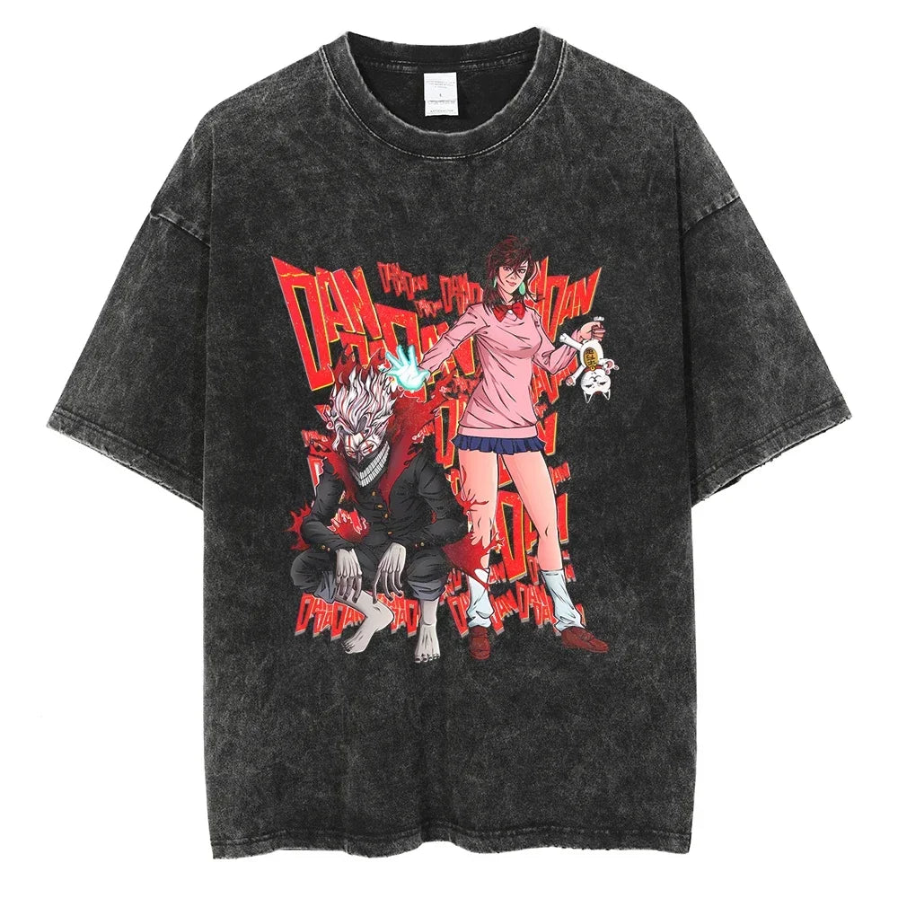 Dandadan :26 Anime Okarun Ken Takakura Print Washed Tshirt Men Manga Vintage T-shirts Oversized Cotton T Shirt Harajuku Male Tops