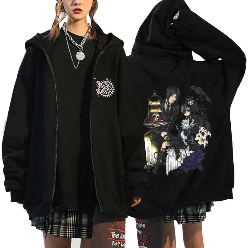Anime Black Butler Michaelis Sebastian Phantomhive Ciel Print Hooded Men Women Hoodies Casual Sweatshirt Harajuku Zipper Jacket