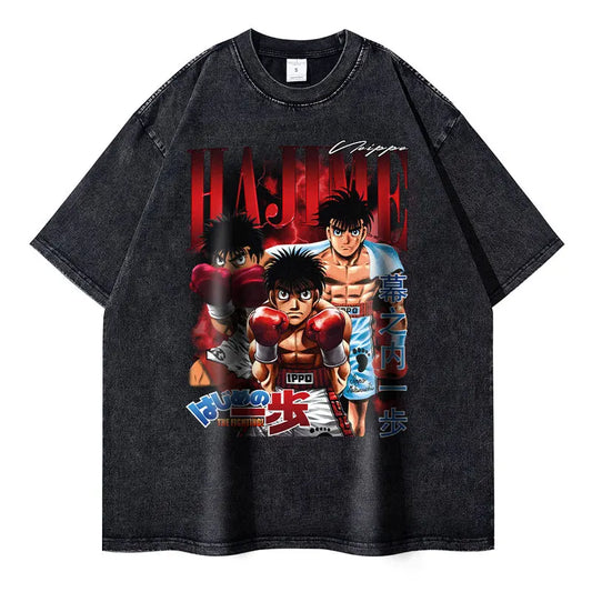 Hajime no Ippo: T-shirts Streetwear Vintage Washed Fighting Spirit T Shirt Oversized Short Sleeve Retro Manga Tops Tees Men