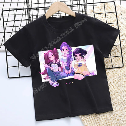 KPop Demon Hunters: T-shirt for Children Cartoon Black Tee Top Girls Round Collar Short Sleeve Clothes Kids Summer Clothing Gift