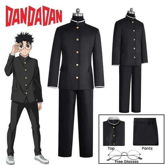 Dandadan: Ken Takakura Cosplay Costume Wig Anime Okarun School Uniform Black Jacket Pants Gakuran Glasses Halloween Party Men