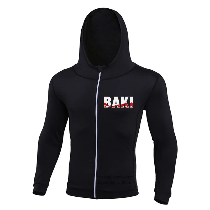 Baki: Print Fitness Running Jackets for Men Sports Athletic Hooded Coats Quick Dry Stretch Outwear Long Sleeve Zip Up Tops