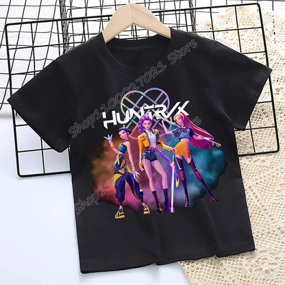 KPop Demon Hunters: T-shirt for Children Cartoon Black Tee Top Girls Round Collar Short Sleeve Clothes Kids Summer Clothing Gift