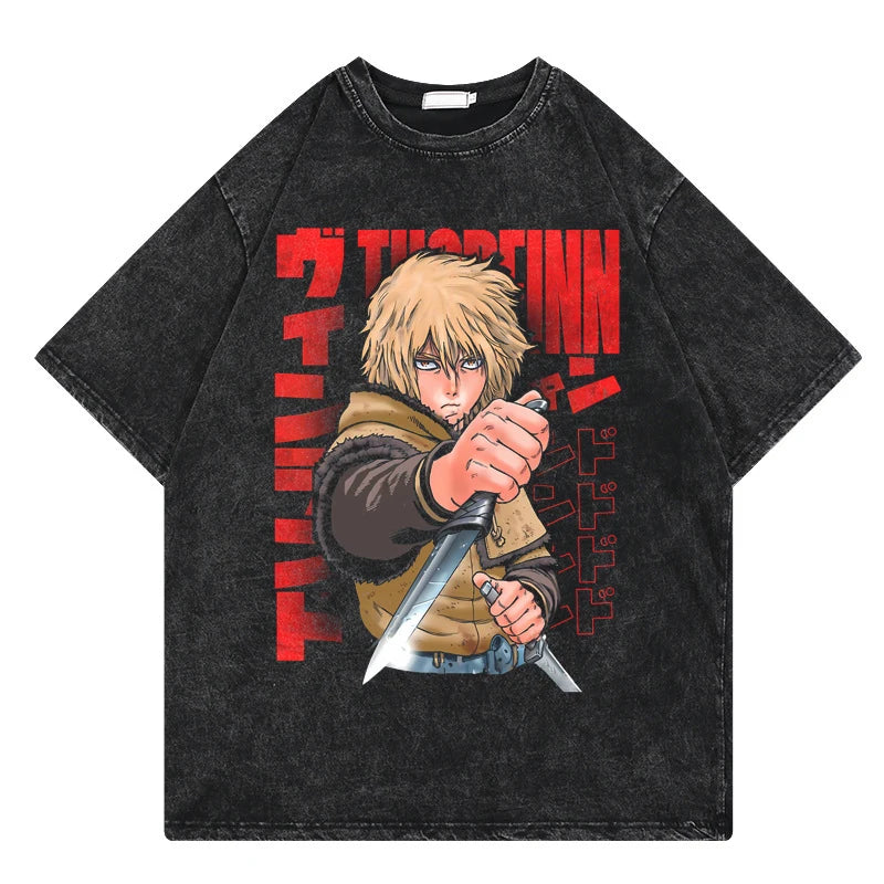Vinland Saga: Vintage Washed Tshirt Graphic Print Hip Hop Streetwear Loose Y2k Summer Short Sleeve Harajuku 100% Cotton Top