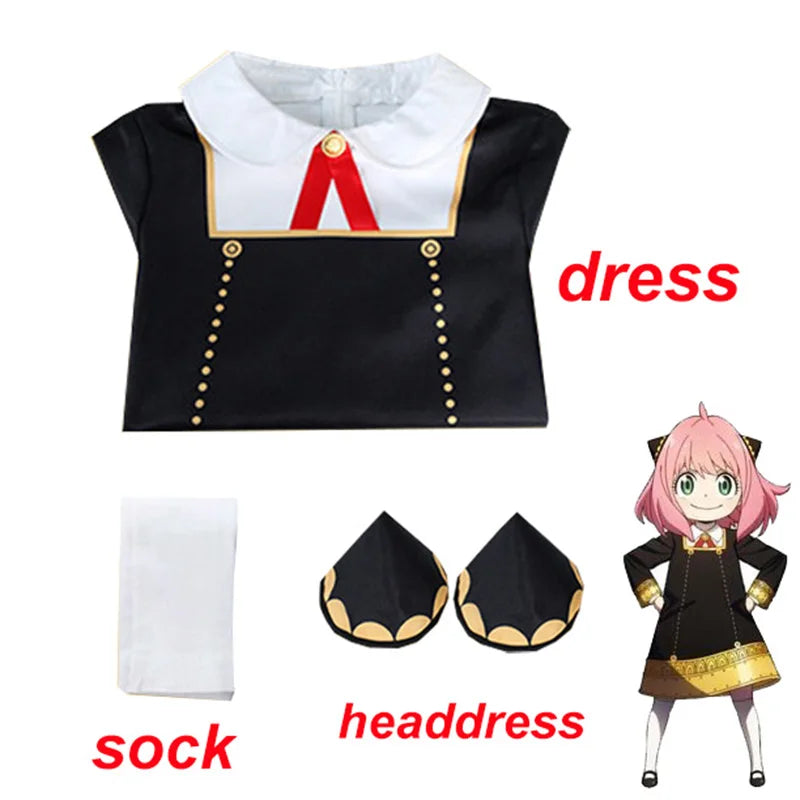 Spy x Family: Anya Forger Cosplay Costume Set for Black Dress Uniform Pink Wig And Stockings for Child Girls Party O