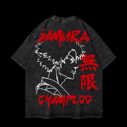 Samurai Champloo: Mugen Graphic Retro T Shirt Summer Y2K Streetwear Washed Cotton Men Tops Clothing