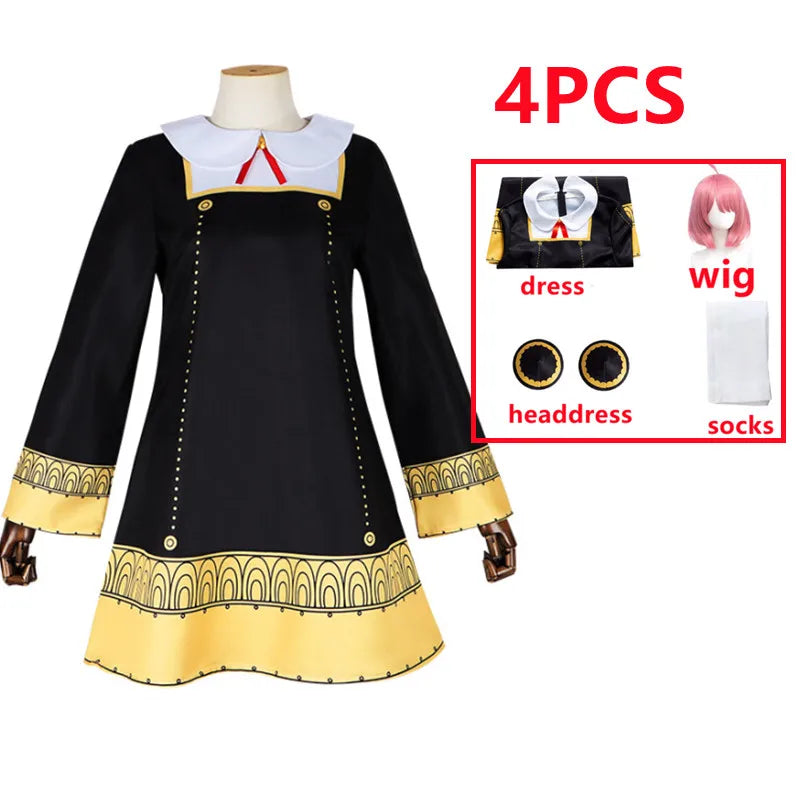 Spy x Family: Anya Forger Cosplay Costume Set for Black Dress Uniform Pink Wig And Stockings for Child Girls Party O