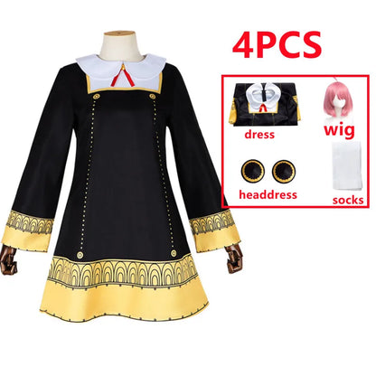 Spy x Family: Anya Forger Cosplay Costume Set for Black Dress Uniform Pink Wig And Stockings for Child Girls Party O