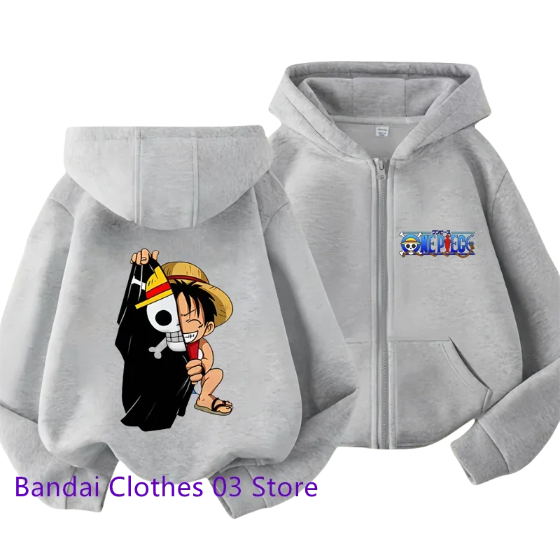 One Piece: (KIDS) Zipper Hoodie Cartoon Luffy Print Autumn/Winter Long-sleeved Sweatshirt Boys And Girl Casual Jacket Top