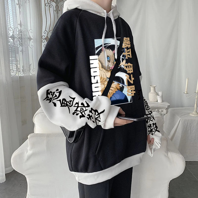 Demon Slayer: Harajuku Patchwork Winter Hoodies Kimetsu no Yaiba Cool Inosuke Hashibira Plus Size Sweatshirts