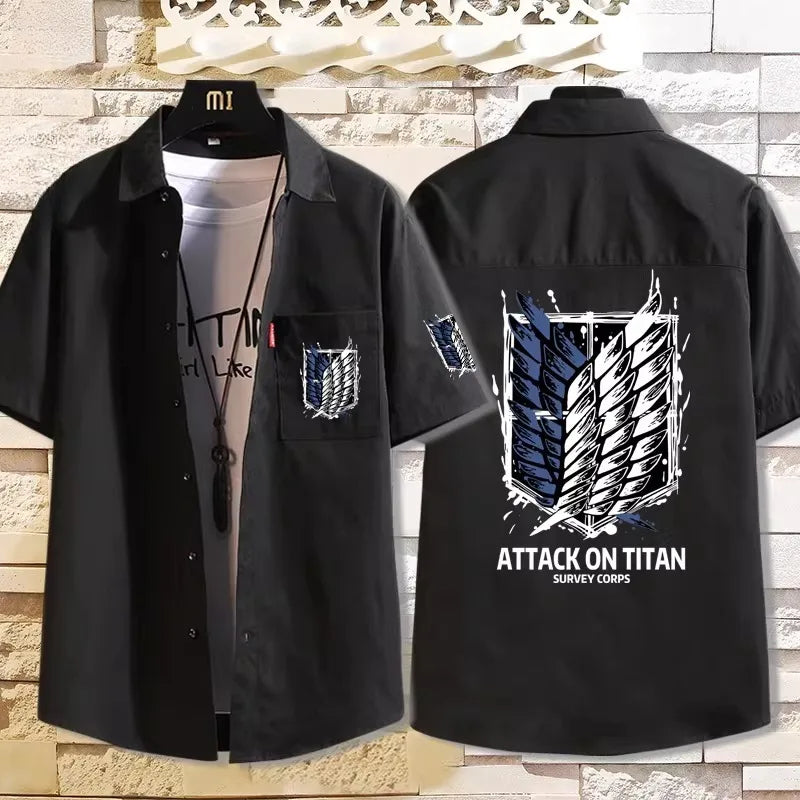 Attack on Titan: Casual Short Sleeve Shirt Loose Unisex Button Print Pattern Top