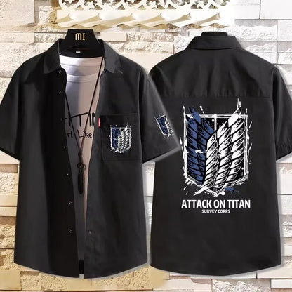 Attack on Titan: Casual Short Sleeve Shirt Loose Unisex Button Print Pattern Top