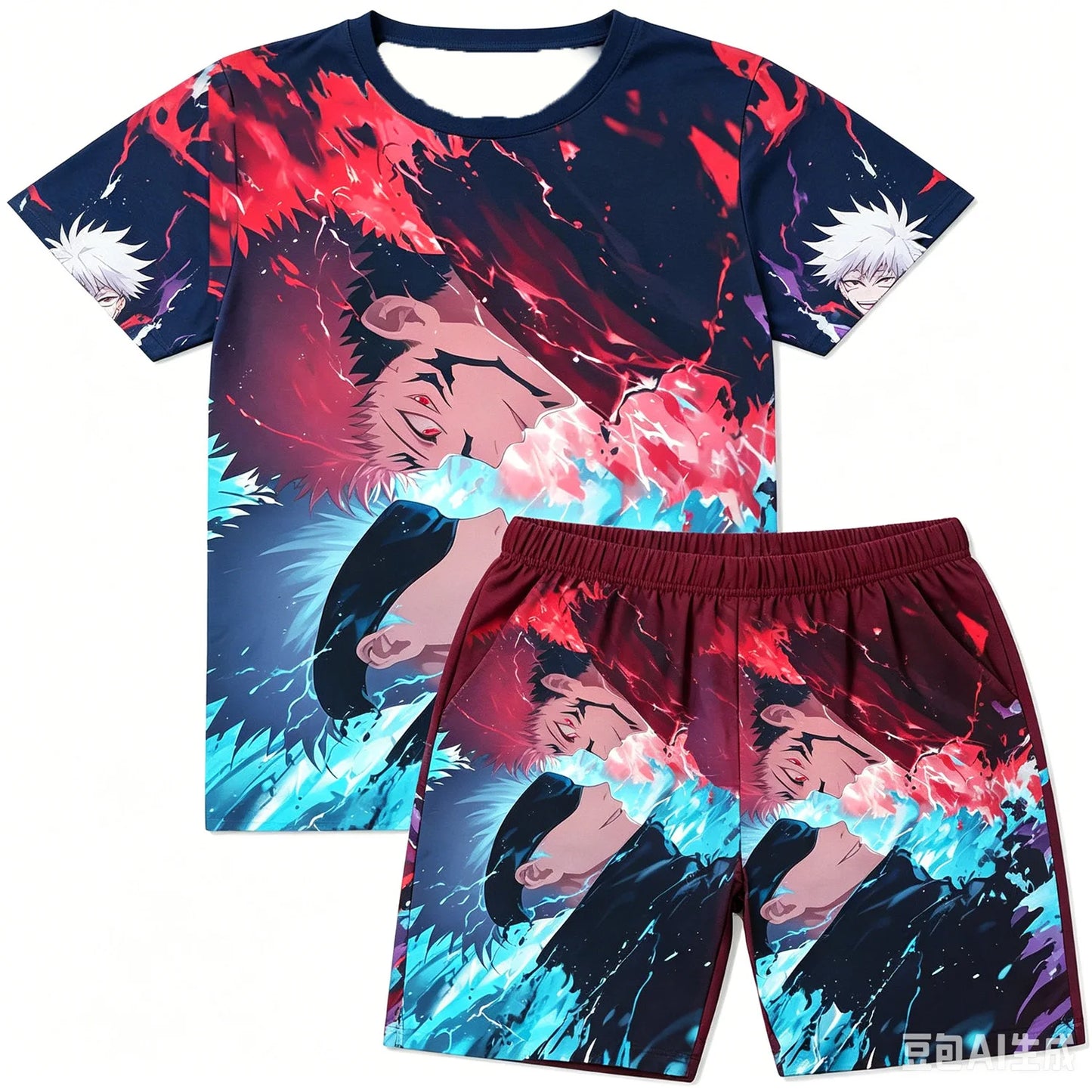 Jujutsu Kaisen:  Gojo Purple Lightning Soccer Print T-Shirt Shorts Set For Men Women Kids Soft Anime Summer Loungewear Pajama