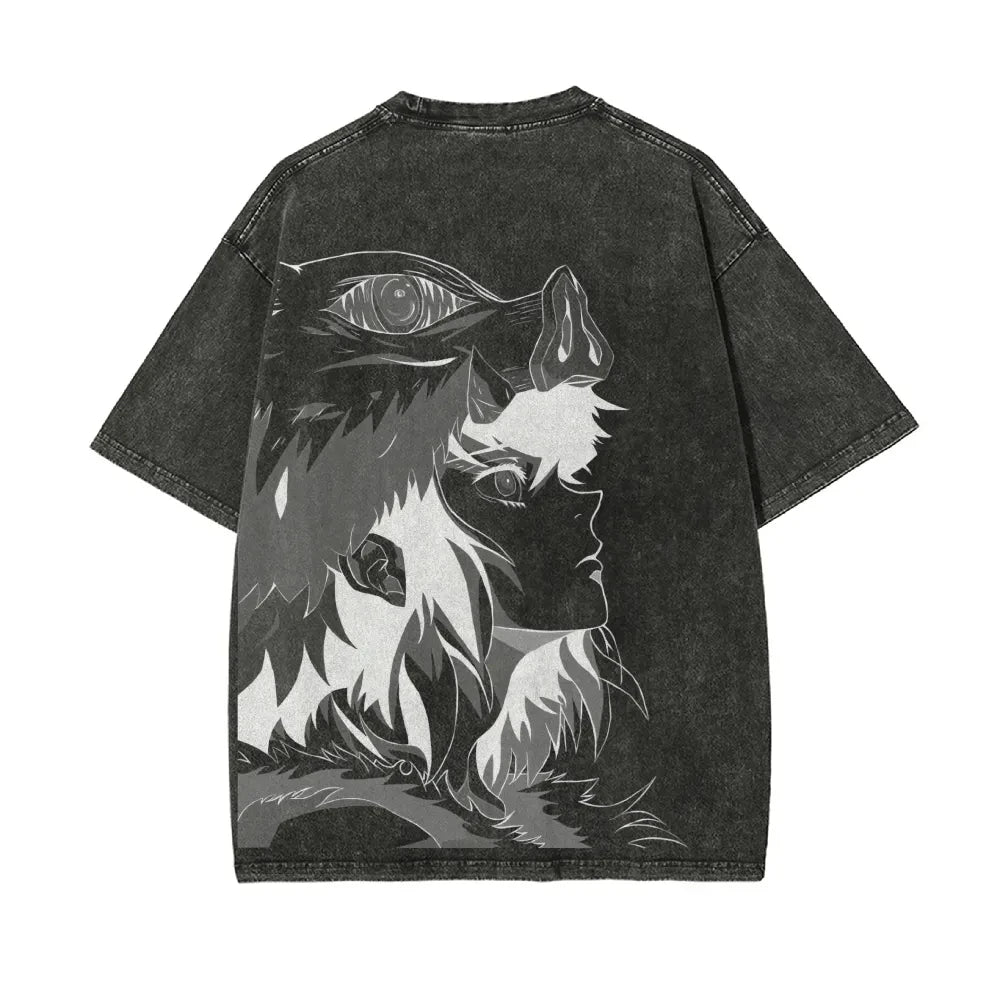 Demon Slayer: Men's Women's Washed T-Shirt Inosuke Hashibira Summer Spring Anime Tee Retro Distressed High Quality Short Sleeve