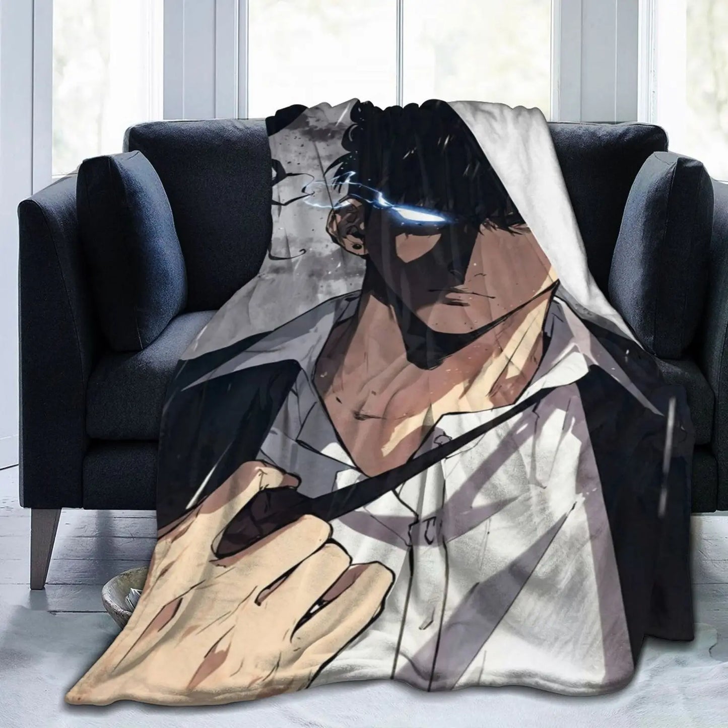 Solo Leveling: Printed Flannel Warm Anime Soft Blanket Bold Black and White Design For Sofa Living Room Office Season Travel Gift